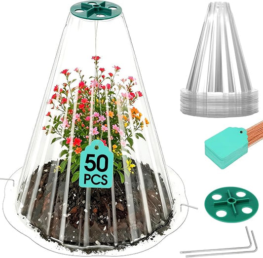 Cloches for Plants, Transparent Plant Covers, Garden Cloches with Humidity Domes, Securing Pegs and Plant Labels, Reusable Plant Protectors from Animals Plant Bell Cover (Transparent-50pcs-S)