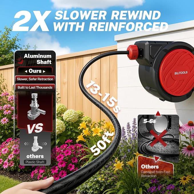 BILITOOLS Retractable Garden Hose Reel 1/2 in x 50 ft, Wall Mounted Water Hose Reel for Outside with Any Length Lock, Slow Auto Rewind Anti-Tangle System, 180° Swivel Bracket & 10-Pattern Spray Nozzle