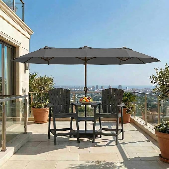 15FT Large Patio Umbrella with Base Included, Double Sided Outdoor Market Umbrella with Flexible Fiberglass Ribs, UV-Blocking Extra Large Umbrella for Garden, Pool, Deck, Gray