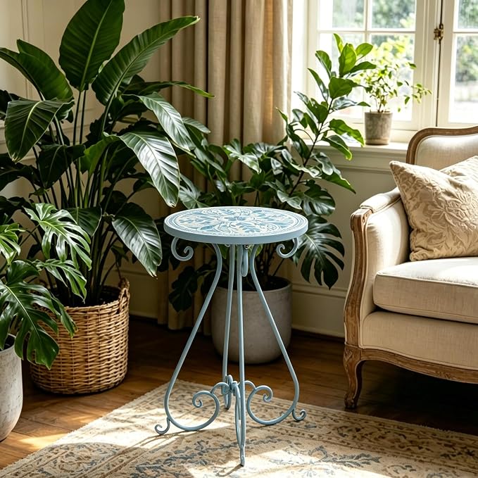 Outdoor Side Table & Mosaic Ceramic Plant Stand, 14" Metal Round End Table for Garden Home Patio Yard Porch Patio Decor Weather Resistant Outside Accent End Furniture (Flower#1)