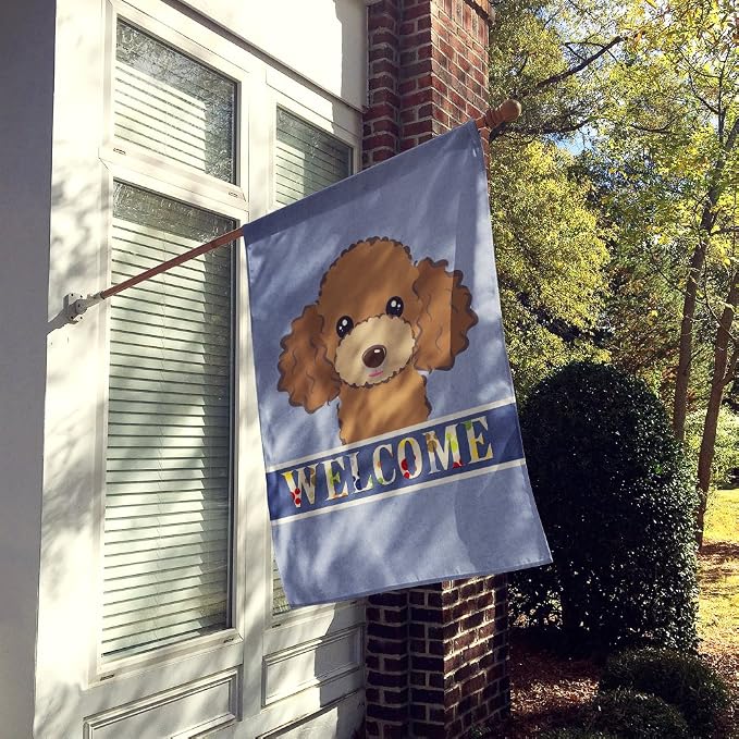 Caroline's Treasures BB1442CHF Chocolate Brown Poodle Welcome House Flag, Blue Large Porch Sleeve Pole Decorative Outside Yard Banner Artwork Wall Hanging, Polyester, House Size, Multicolor