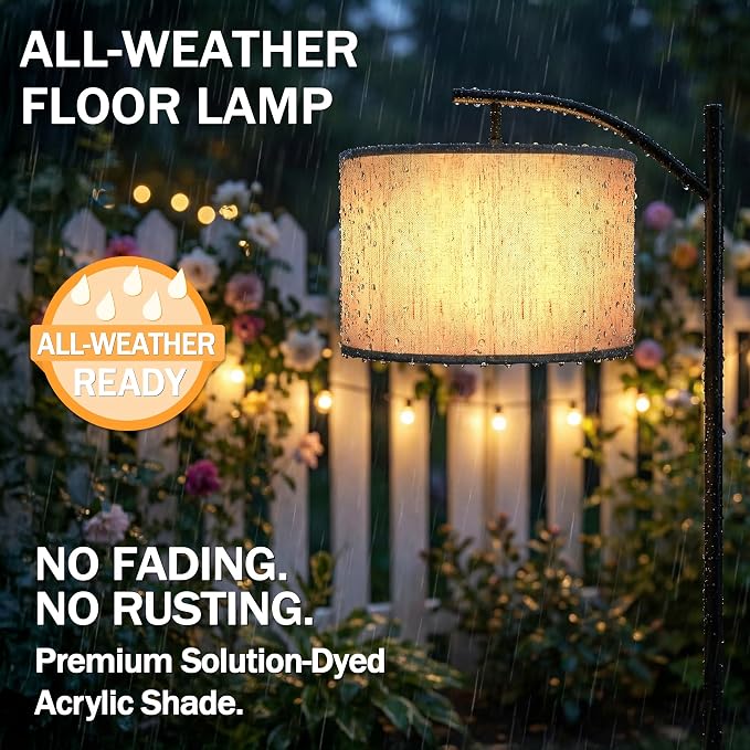 Candieslife Solar Outdoor Floor Lamp for Patio, Cordless Arc Standing Lamp with Heavy Base & Weatherproof Shade, Waterproof Solar Powered Light for Deck, Porch, Garden, Balcony Decor