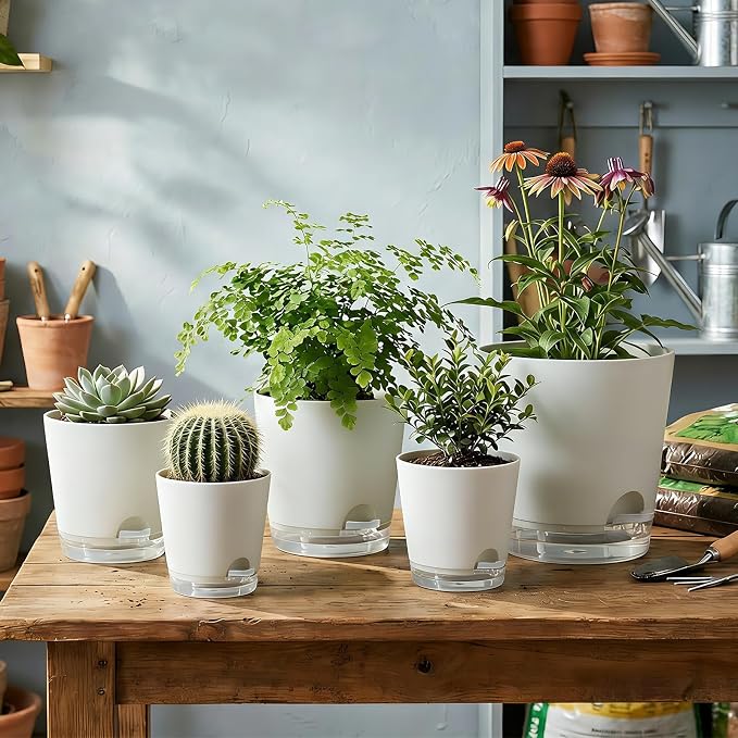 GARDIFE 2026 Upgraded Self Watering Plant Pots with Drainage Hole, 7/6.5/6/5.5/5/4 Inch Flower Planting Containers for House Plants, African Violet, Flowers, Cactus (White, 7+6.5+6+5.5+5+4 inch)