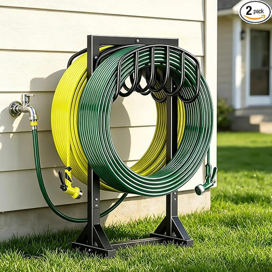 HeroicLion Garden Hose Holder Holds 2 x 151FT Hoses, Heavy-Duty Metal Freestanding Hose Stand Hanger with Stable Base, Rustproof Double Water Hose Holders for Outside Yard Lawn Farm, Black