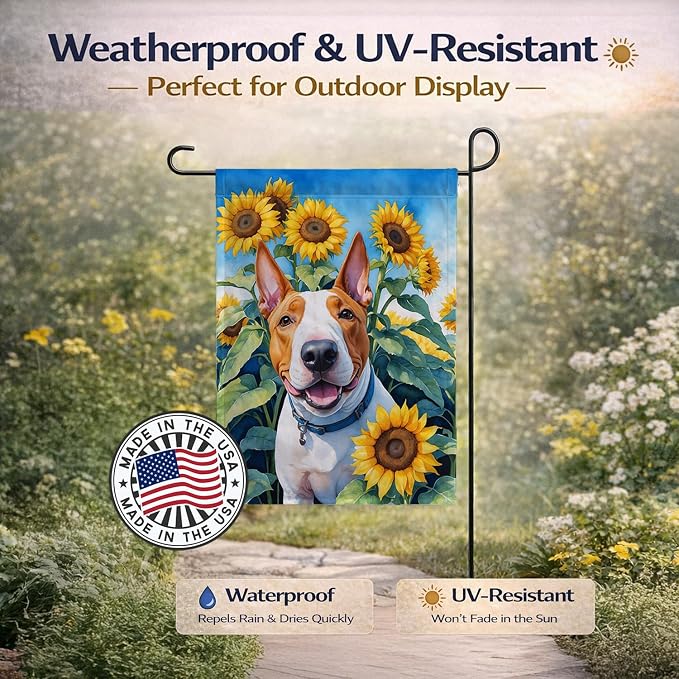 Caroline's Treasures DAC6070GF English Bull Terrier in Sunflowers Garden Flag Mailbox Flag Decorative Yard Flag Banner Outside Patio Artwork Yard Flower Beds, Garden Size, Multicolor