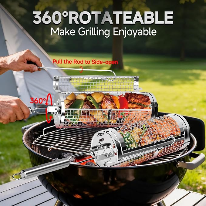 Chenovate® Heavy Duty Rolling Grill Baskets with Side-opening and Removable Handle,Grill Accessories for Veggies Shrimp Meat,Food-grade Stainless Steel,Kitchen Gadgets Fits Outdoor Cooking & Picnics,Camping Essentials,Ideal Gifts for Father's Day,Festi...