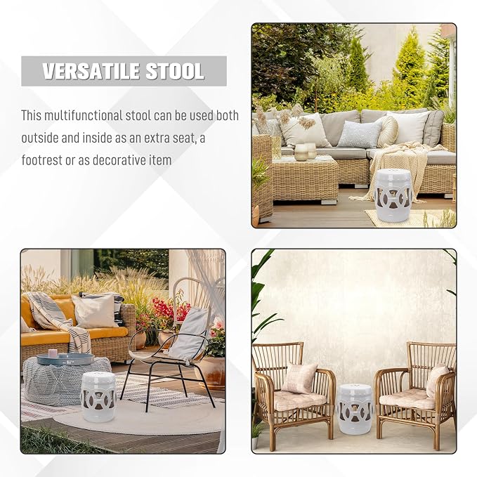 Outsunny 14" x 17" Ceramic Garden Stool with Double-Coin Knotted Ring Design & Strong Glazed Material, Decorative Outdoor Stool, Home Collection, White