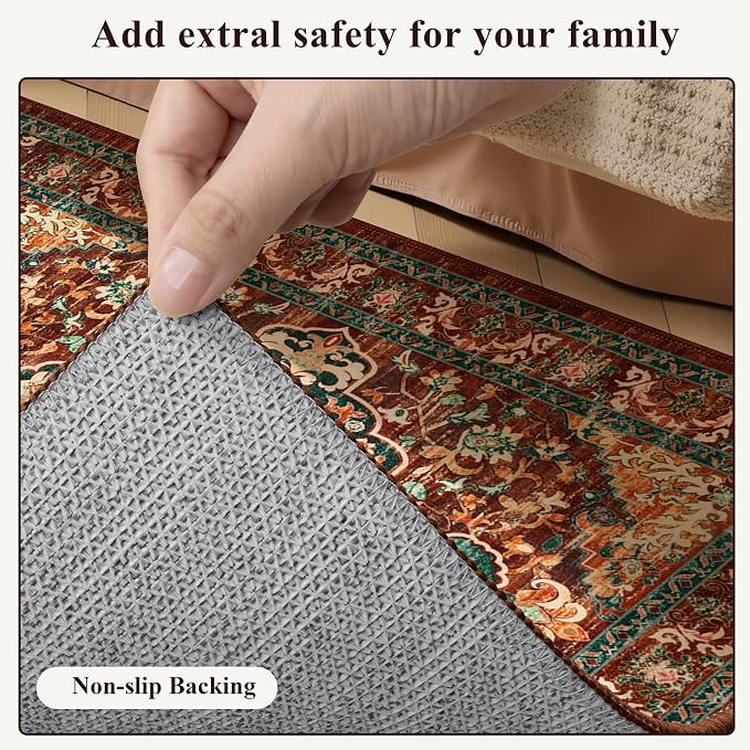 U'Artlines 2' x 7' Boho Hallway Runner Rug, Washable Carpet, Rust＆Teal | Non Slip, Vintage Farmhouse Accent Area Rug Carpet, for Kitchen Entryway Laundry and Living Room