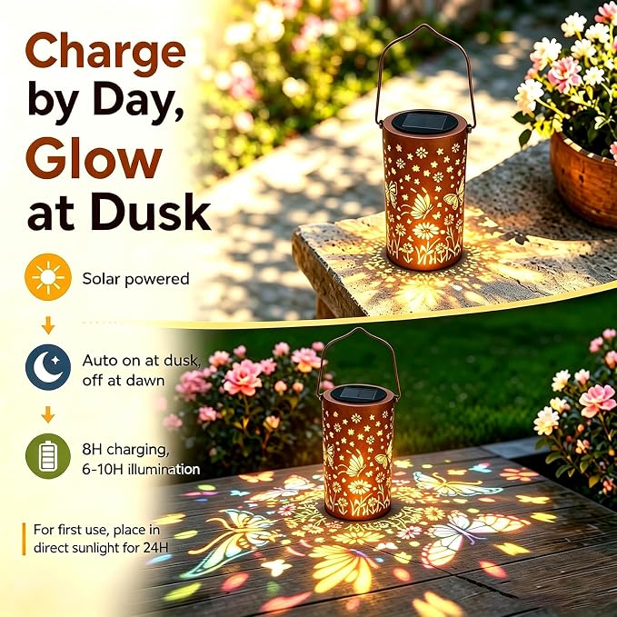 Butterfly Colorful Solar Lantern Outdoor Waterproof, Garden Decor Gifts for Women Mom Grandma, Hanging Solar Lantern Lights Metal Decoration Outside for Yard, Patio, Backyard, Porch