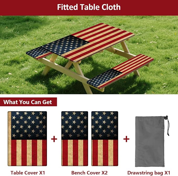 Picnic Table Cover with Bench Covers 8FT 3PCS, 250th Anniversary Rectangle Tablecloth, Waterproof Fade Resistant American Flag Decor for 4th of July for Outdoor Parties, 96", US Flag