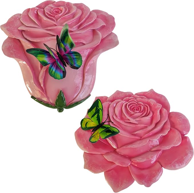Garden Stepping Stones Outdoor Walkway – Resin Rose Flower Pavers for Path, Lawn & Backyard -Walkway Sculpture Yard Art,Rose Ornament as a for Loved Ones – Set of 2, Pink