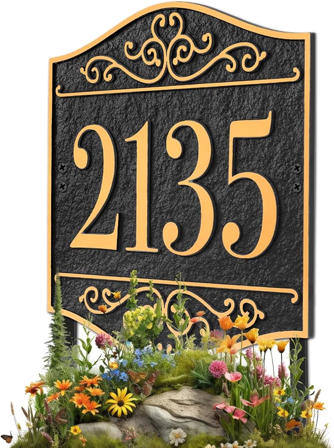 Personalized Lawn Address Sign - Custom Address Plaque,House Number Sign Plaque,House Numbers for Outside Lawn,Ground,Yard,Garden (Black/Gold)
