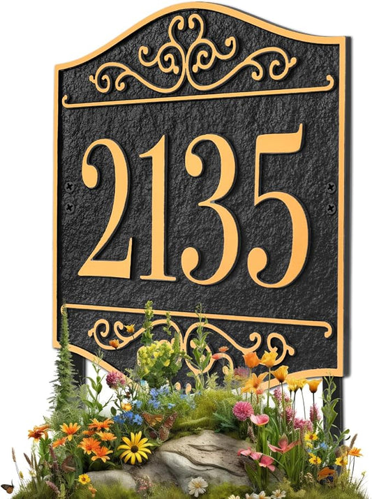 Personalized Lawn Address Sign - Custom Address Plaque,House Number Sign Plaque,House Numbers for Outside Lawn,Ground,Yard,Garden (Black/Gold)