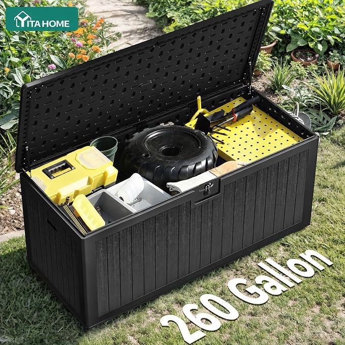 YITAHOME 260 Gallon Double-Wall Deck Box with Divider & Side Handles | Outdoor Large Storage for Patio Furniture Cushions, Garden Pool Accessories, Water Resistant & Lockable