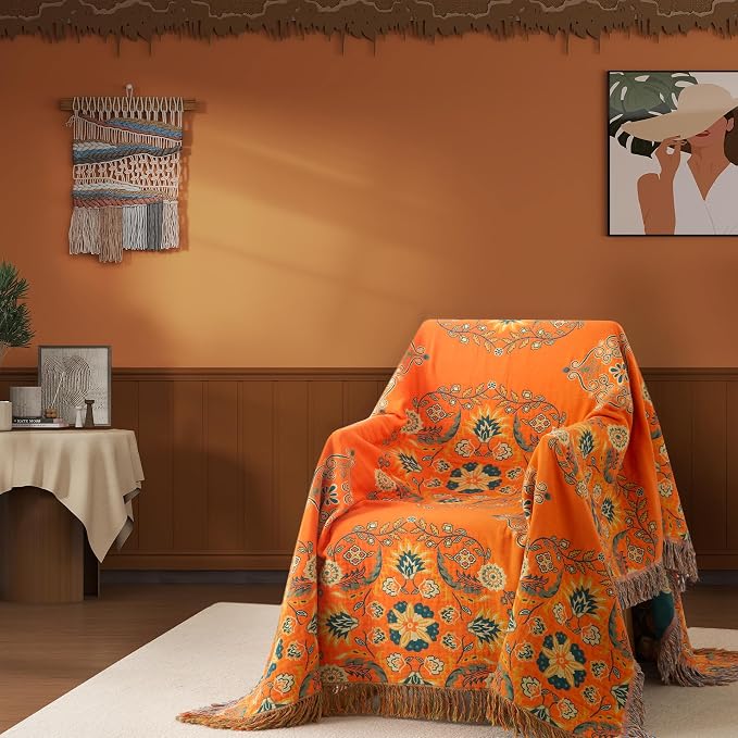 Phuryllic Boho Throw Blanket Queen Size, Oversized Soft Cozy Cotton Muslin Quilt Blanket for Bed Decor, Floral Patterned Couch Sofa Chair Cover, Vintage Farmhouse Cottage Woven Blanket, Orange&Green