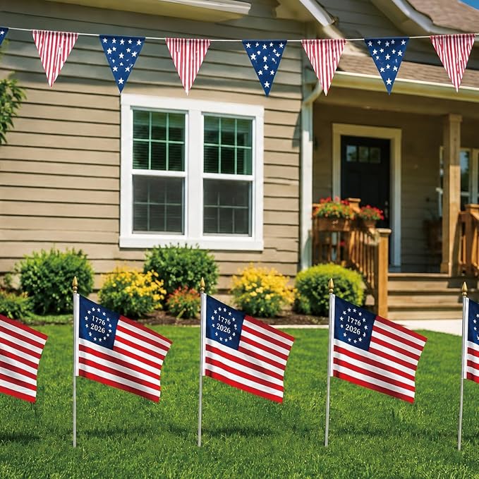 6 Pcs 250th Anniversary American Flags on Stick 12x18 Inch, 1776-2026 US Handheld Flag with Telescopic Stainless Steel Pole, Small USA Stick Flag Perfect for 4th of July Patriotic Decorations
