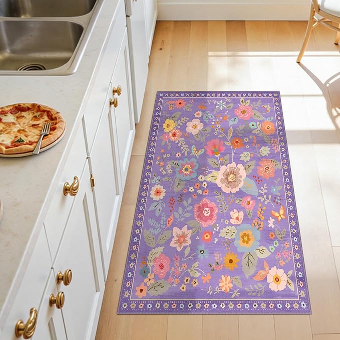 Floral Washable 2x4 Area Rugs Runner Entryway Hallway Purple/Pink | Flower Carpet, Print, Boho, Non-Slip, Easy to Clean, Low Pile, Soft, for Living Room Bedroom Kitchen Office Entrance