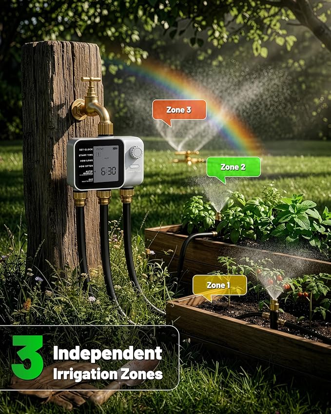 [All-New 2027] 3 Zone Sprinkler Timer with Brass Inlet, Unistyle Water Timer for Garden Hose with Rain Delay/Manual Watering/Automatic Irrigation, Hose Timers with Large LCD for Yard and Lawn Patio