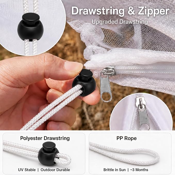 1 Pack 12.5×12.2Ft Extra Large Drawstring & Zipper Fruit Tree Netting Cover - Reusable Bird Netting for Blueberry Bushes, Anti-Cicada/Deer/Squirrel Large Plant Protection Net