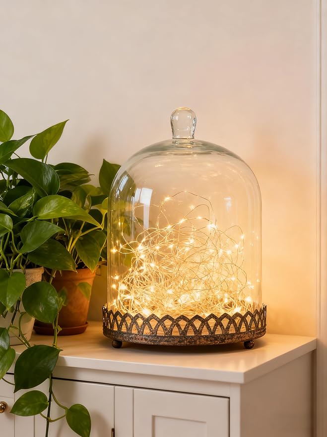 Twakutwku 12" Tall Large Sturdy Handmade Glass Cloche Dome with Metal Base in Rustic Brown for Plant, Terrarium, Collectibles, Candle. Cloche Glass Dome, Bell Jar Display Case (Brown, 12")