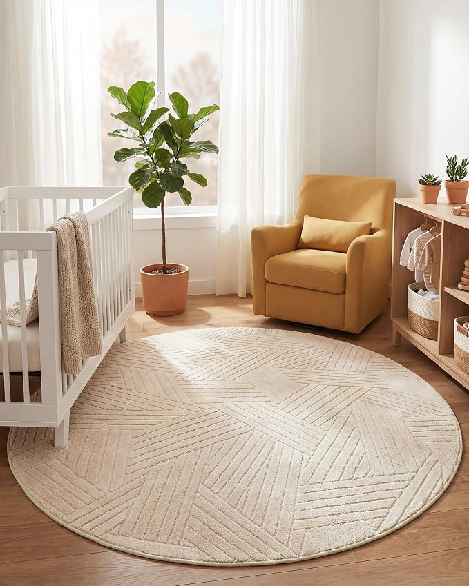 Carvapet 5.2ft Round Rug Beige Washable High Low Pile Carpet | Soft plush washable carpet with high low pile texture and non slip backing for living rooms, bedrooms and family spaces