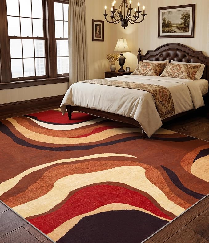 Burnt Orange Rug 8x10 Washable,Alfombras para Salas,Farmhouse Brown Retro Carpets,Geometric Abstract Wavy Rug for Living Room,Unique Colorful Rugs for Bedroom,Dining Room