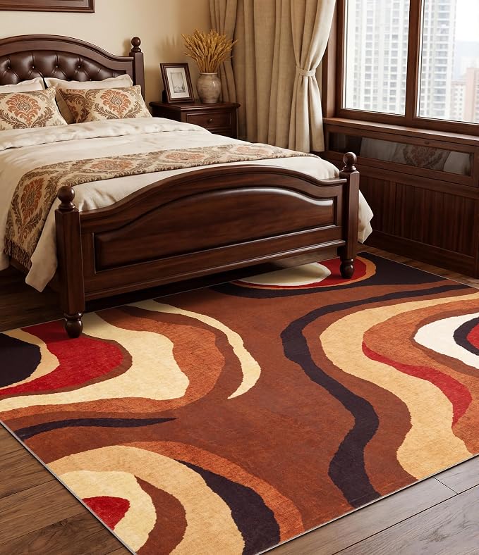 Burnt Orange Rug 4x6 Washable,Farmhouse Brown Retro Carpets,Geometric Abstract Wavy Rug for Bedroom,Unique Colorful Rugs for Living Room,Dining Room,Bedside Rugs