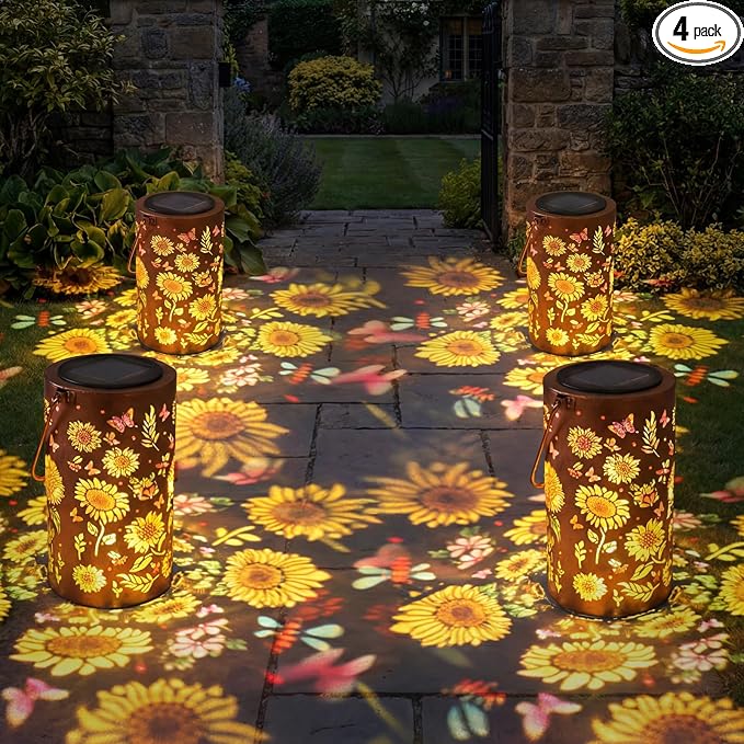4 Pack Sunflower Solar Lanterns Outdoor Waterproof , Garden Backyard Patio Decor Gifts for Women Mom Sister Her, Grandma Hanging Solar Lights Metal Decoration Outside for Yard, Patio, Backyard, Porch