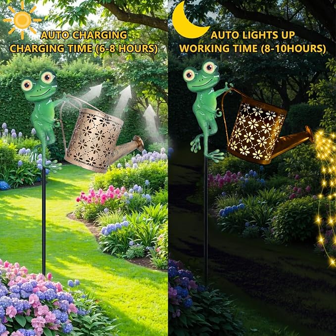 Solar Watering Can with Cascading Lights Outdoor Garden Decor, Frog Shaped Hook Gardening Gifts for Mom Women Grandma Birthday, Solar Lights for Garden Decorations Patio Yard Lawn Backyard