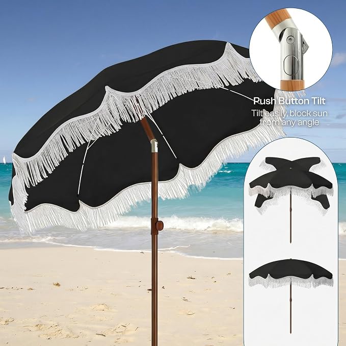 7FT Patio Umbrella with Fringe, Outdoor Tassel Umbrella with Fiberglass Ribs, Boho Beach Umbrella, Push Button Tilt and Carrying Bag, UPF50+