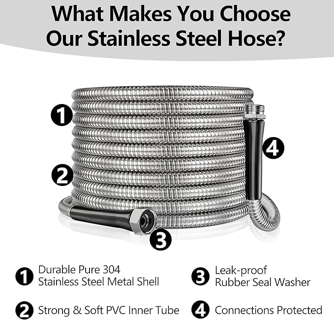 150ft Garden Hsoe - 2026 New 304 Stainless Steel Garden Hose with 3/4'' Fittings – Lightweight, Durable, and Kink-Free, Metal Water Hoses for Gardening