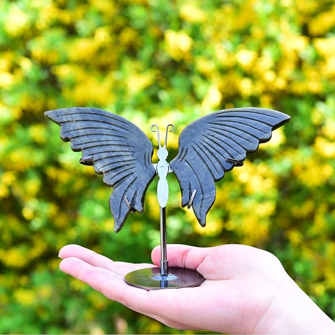 JIC Gem Natural Golden Obsidian Crystals Butterfly Decorative Rocks Stones Healing Crystal Carved Angel Wings Figurine with Display Decor Reiki Gifts (1pair, 10cm)