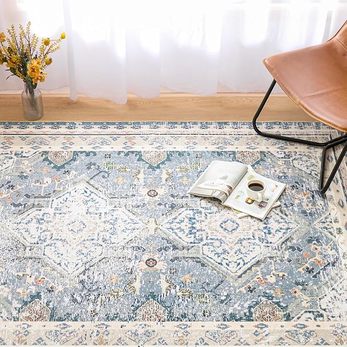 Phantoscope Washable Area Rug 5'x7' Non-Slip, Vintage Neutral Rugs for Living Room, Bedroom, Dining Room, Distressed Boho Geometric Medallion Pattern, Low-Pile Foldable Floor Carpet, Dusty Blue/Multi