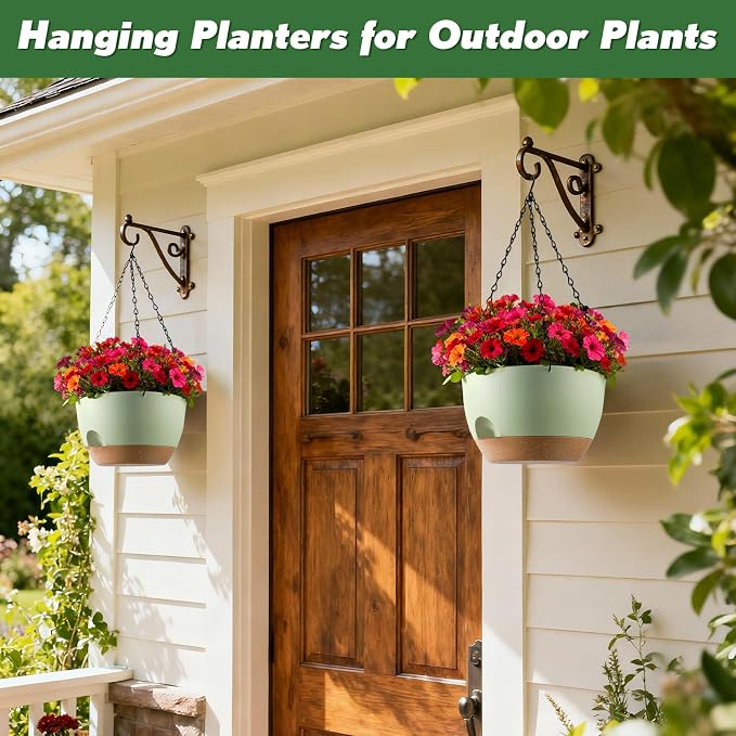 4-Piece Set of 8-Inch Hanging Planters with Automatic Watering System and Drip Tray, Includes Metal Chain, Suitable for Various Indoor and Outdoor Plants and Flowers, Green-Brown
