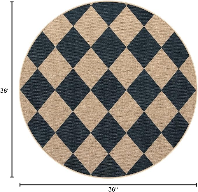 Lahome Colette Checkered Round Rug 3ft, Circle Indoor Outdoor Entryway Patio Rug Washable Easy Jute Rug, Farmhouse Non Slip Small Round Rugs for Bedroom Porch Living Room Decor