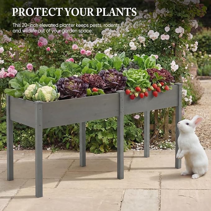 DUMOS Raised Garden Bed 72x23x30 Inch, Outdoor Planter Box with Legs, Elevated Wood Garden Bed with Liner for Herbs Flowers Vegetables, Wooden Planter Box for Patio, Balcony, Backyard, Grey