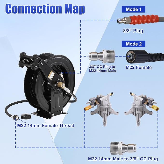 FIXFANS High Pressure Washer Hose Reel for Water/Air/Oil, 50 FT X 3/8" or 100 FT X 1/4" Steel Dual Arm Auto-Retractable Power Wash Hose Reel, Heavy Duty Hose Reel 4000 PSI