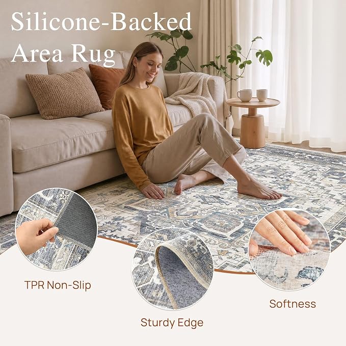 DTICON Vintage Washable 8x10 Area Rug Living Room Rugs, Light Blue | Boho Distressed, Pet & Kid Friendly, Non-Slip Backing, Soft Polyester, Low-pile Carpet for Living Room, Bedroom, Dining Room