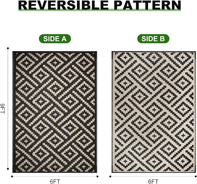 RURALITY Outdoor Rugs 6x9 Feet for Patios Clearance,Plastic Straw Waterproof Mats for Backyard,Porch,Deck,Balcony,Black&Beige