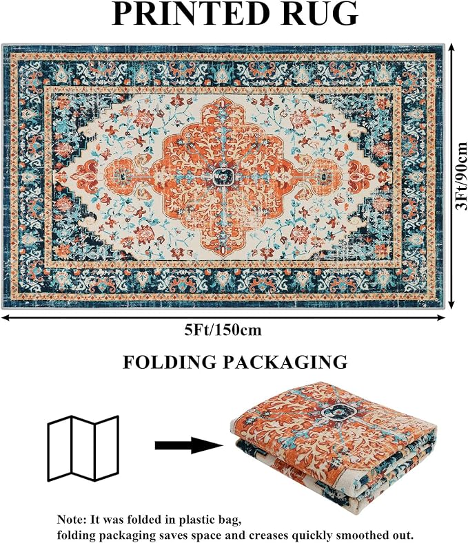 U'Artlines Boho Vintage Area Rug 3x5 Machine Washable Carpet,Orange/Multi | Low Pile, Non Slip, Ultra-Thin Soft Floor Carpet, Accent Rug for Living Room Bedroom Entryway Dining Room Office