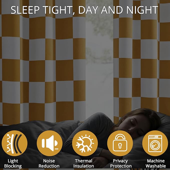 100% Blackout Checkered Curtains – 2 Panels, Each W52×L84, Thermal Insulated, Nosie Reducing for Bedroom, Modern Mustard and White Checkerboard Design