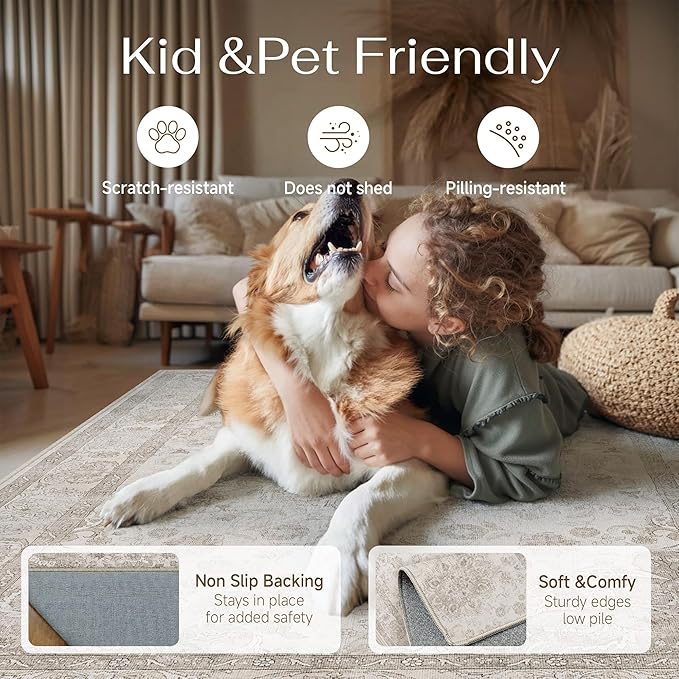 Beige 5x7 Washable Area Rug Bedroom Vintage Distressed Carpet | Soft Low Pile, Non Slip, Stain Resistant, Traditional Retro Decor for Dining Room, Living Room, Office, Kids Room