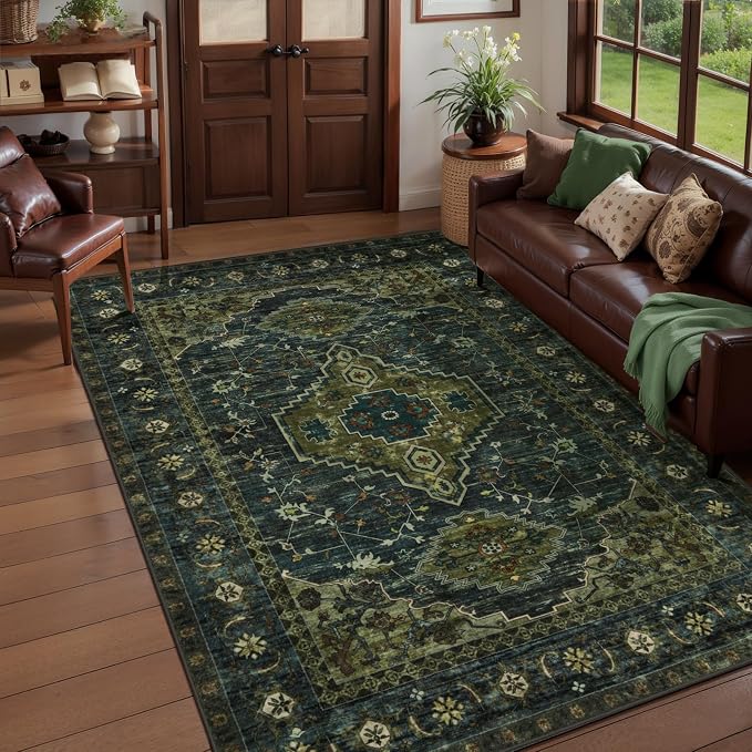 Tangsoo Green 8x10 Washable Area Rugs for Living Room, Non Slip Large Rug | Oriental Indoor Print Carpet, Vintage Boho Soft Low Pile Foldable Floor Rug for Bedroom Dining Room Olive Green Home Decor