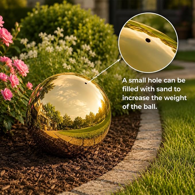 Gazing Ball Garden Mirror Outdoor - 12 Inch Outside Decorative Globe, Gold | Metal Polished Reflective Sphere, Stainless Steel Hollow Decoration Ornament for Home Pond Swimming Pool Housewarming Gift