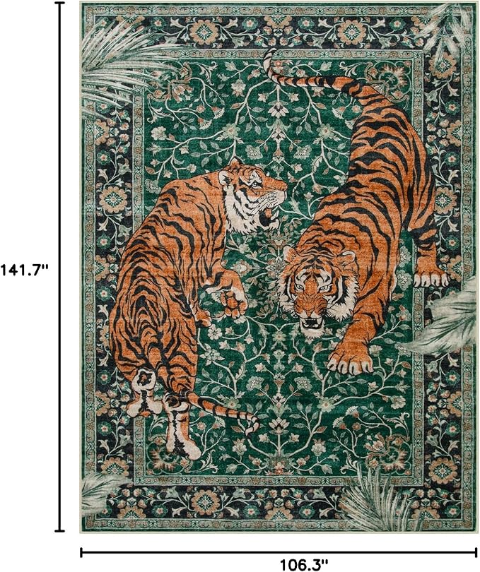 Moynesa Tiger 9x12 Washable Area Rug, Boho Green Rugs for Living Room, Non Slip Vintage Dining Room Rug, Botanical Ultra Thin Soft Stain Resistant Floor Carpet for Bedroom Home Office