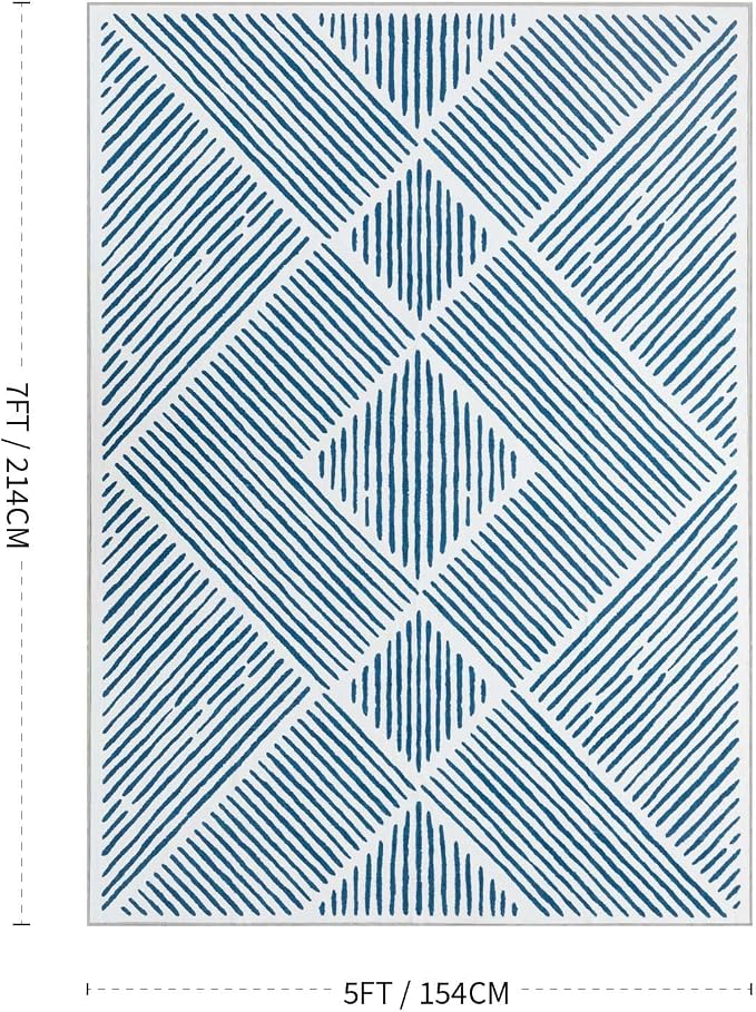 5‘x7' Washable Blue and White Rug, Modern Area Rug for Living Room | Non-Slip, Low Pile, Stain Resistant, Navy Blue Geometric Stripe Rug for Bedroom Dining Room