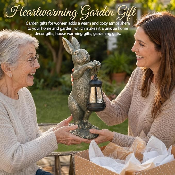 C&Y&G&X Garden Statue Rabbit with Solar Lantern - Outdoor Bunny Figurine Decor with LED Lights, Weather-Resistant Resin Animal Yard Art Sculpture for Patio, Lawn, Pathway, and Housewarming Gift