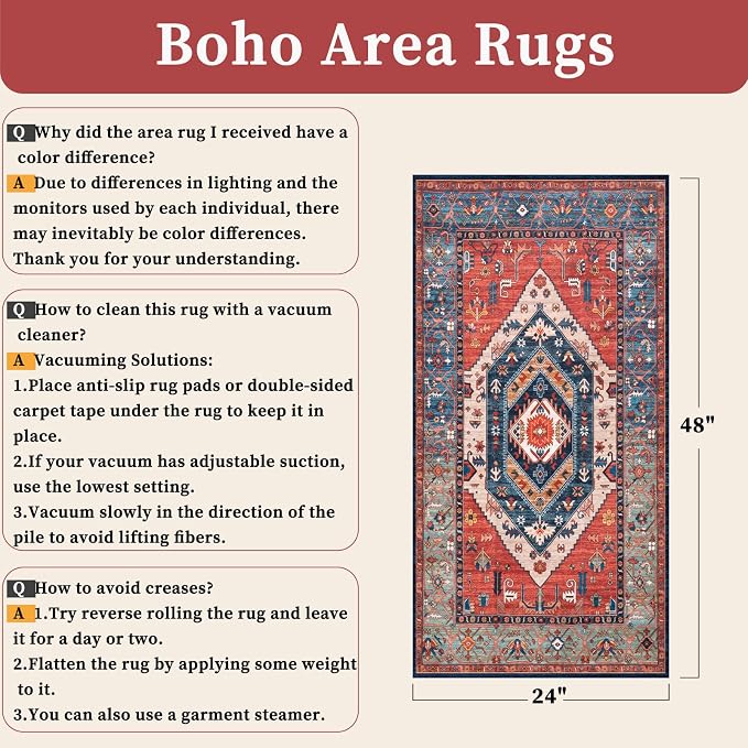 SERISSA 2x4 Washable Non Slip Boho Runner Rug for Entryway，Rust | Ultra Soft Vintage Oriental Carpet Low-Pile Tribal Door Mat Entrance Carpet for Bedroom Hallway Laundry Room Bathroom