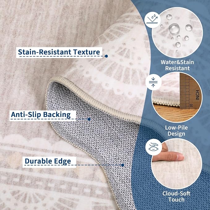 Garvee 9x12 Scalloped Lace Rug for Living Room Washable Soft Rugs Beige | Non Slip Low Pile Rug, Non-Shedding Carpet for Bedroom Playroom Kids Room, Stain Resistant Rugs, Solid Rug for Girls Room