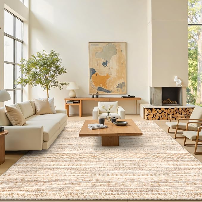 Miukiki 8x10 Area Rug for Living Room, Washable Soft Non Slip Rug Beige | Moroccan Large Indoor Rug for Kitchen Bedroom Dining Room Office, Low Pile Soft Floor Carpet Home Decor 8'x10'